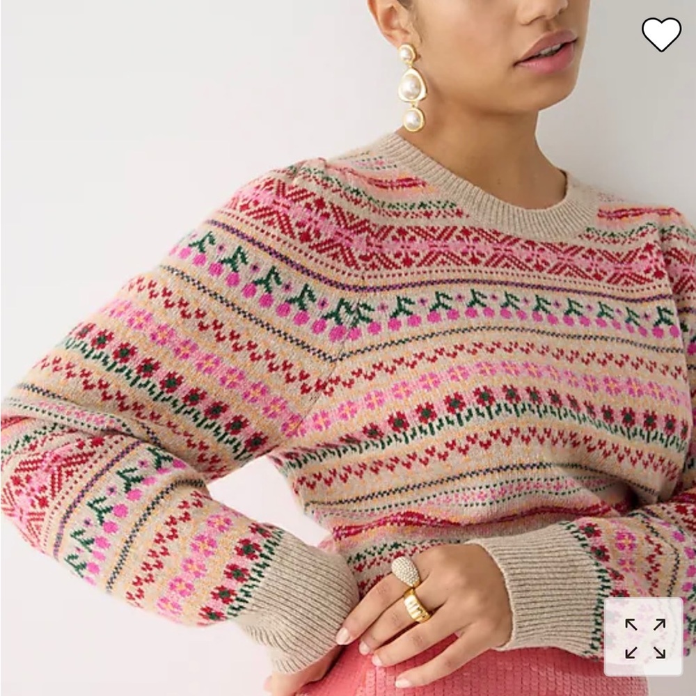 J. Crew puff-sleeve pink Fair Isle crewneck sweater NWT